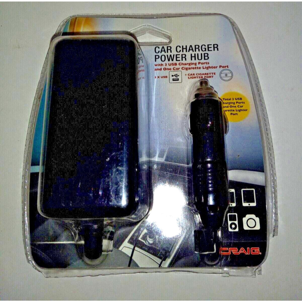 Craig Car Charger Power Hub – 3 USB Ports + 1 Cigarette Port Multi Tap Adapter